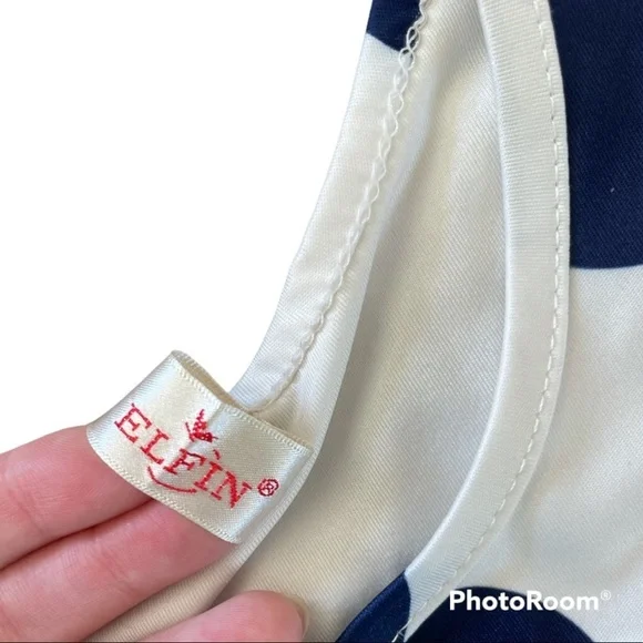 ELFIN White And Blue Polka Dot 50s Style Long Sleeve Midi Pin Up Bow Dress - Picture 2 of 9